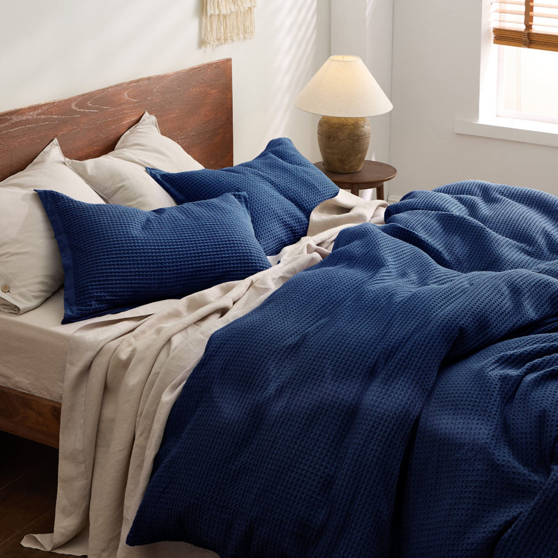 Essential Collection 100% Cotton Waffle Weave Duvet Cover Set, Queen Duvet Cover + 2 Standard Shams, Navy