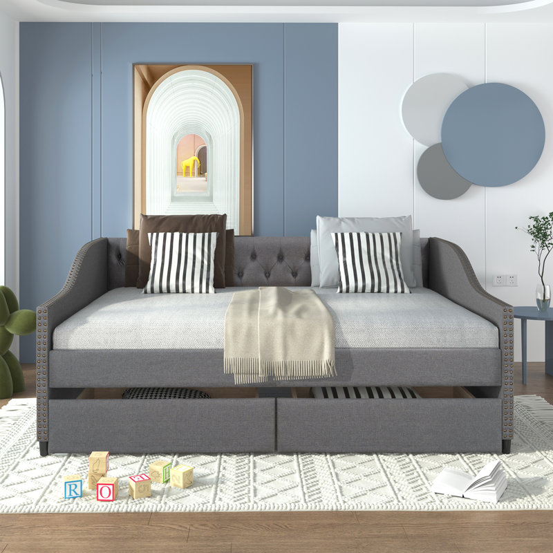 Lit de jour simple avec deux tiroirs, lit de jour simple en bois, gris, Gris, Lit simple