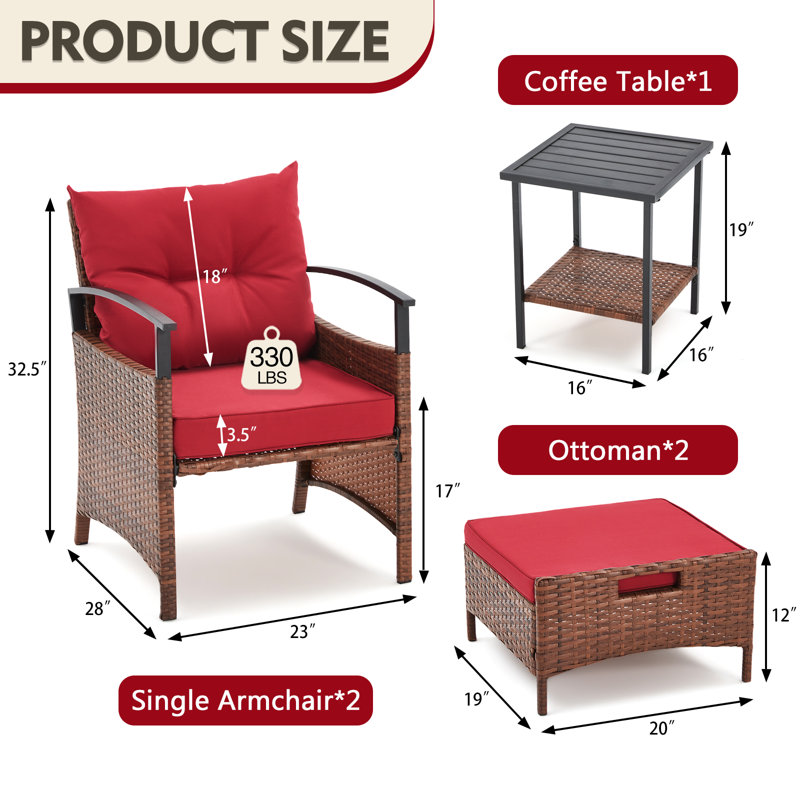 Rashaan 2 - Person Patio Conversation Set with Cushions, Red