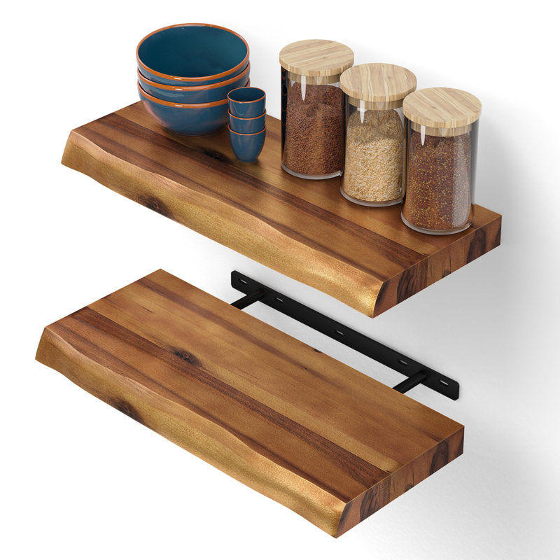 Ensemble de 2 tablettes flottantes Acacia Live Edge, tablettes flottantes en bois pour mur, Brown Wood