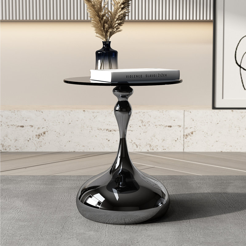 10mm Gray Tempered Glass Side Table with Marble-Finish Base & Nano-Coated Pole - Weighted Accent Table for Living Room, Bedroom, Balcony