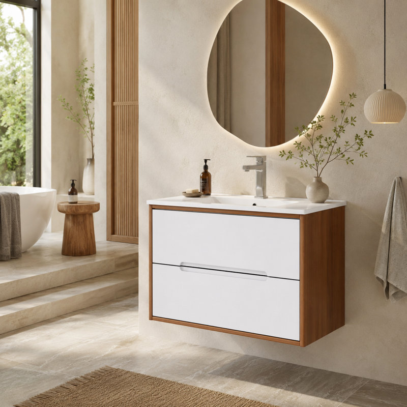 Meuble-lavabo mural 32 po blanc et noyer avec tiroirs à fermeture en douceur et lavabo en porcelaine