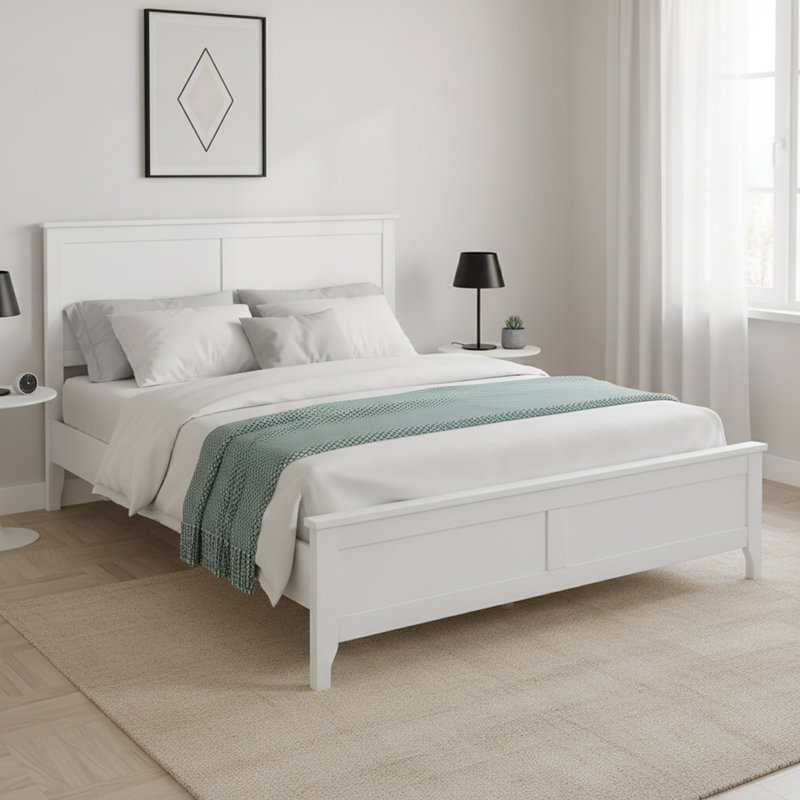 Grand lit plateforme moderne en bois massif avec lattes en bois robustes, Grand lit