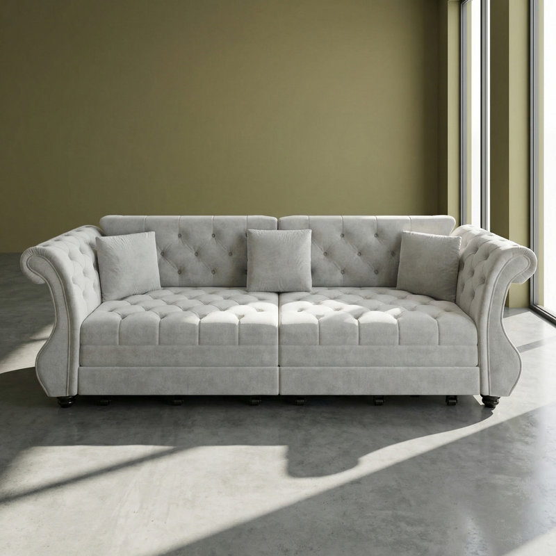Canapé-lit Chesterfield 97,6 po convertible en velours à accoudoirs roulés, prêt pour plusieurs pièces, gris, Gris, Velours
