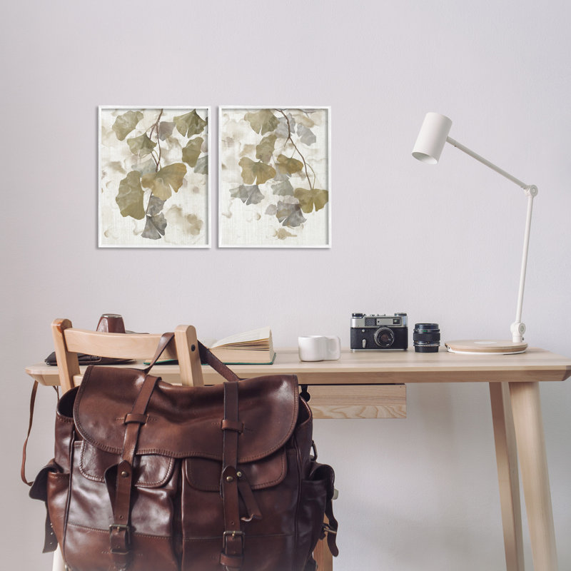 Reproduction de feuilles de gingko rustiques encadrées sur bois, 2 pièces, H 14 po x l 11 po x P 1,5 po