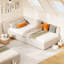 Lit de jour simple en velours avec tête de lit allongée, garde-corps, canapé-lit rembourré, beige-131361098