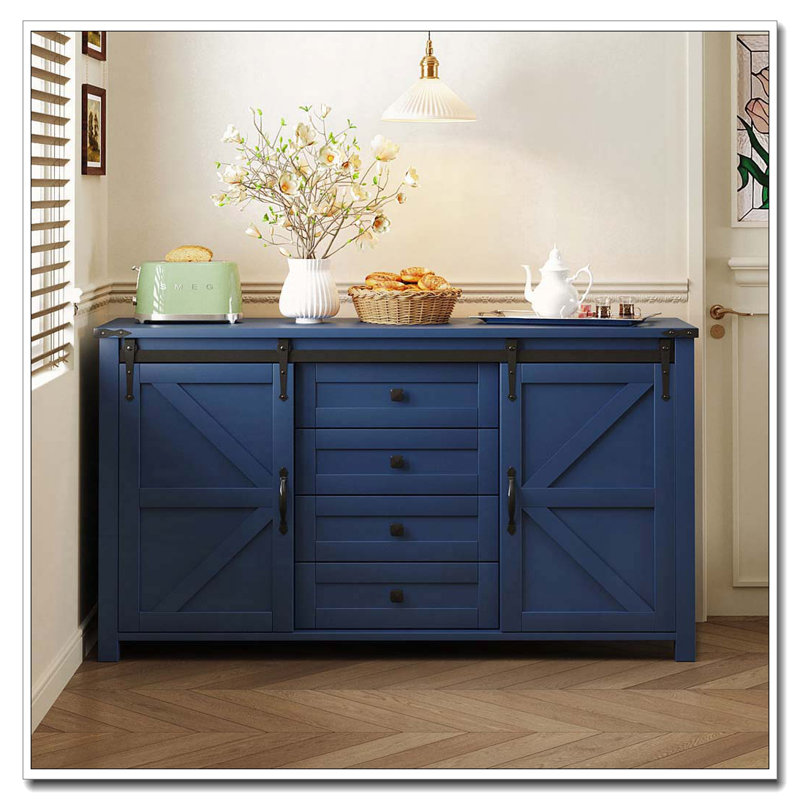 Buffet en bois 55,1 po avec portes de grange coulissantes et 4 tiroirs, table en bois avec prise de courant, Marine