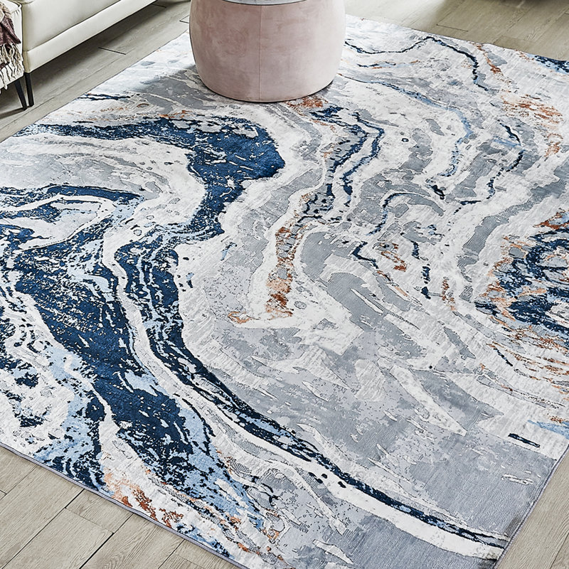 Kasperitis Non-Slip Machine Washable Abstract Area Rug in Blue/White/Grey for Living Room, Bedroom, Hallway Runner Indoor Rugs