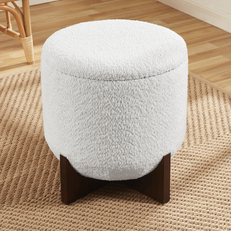 Round Boucle Storage Ottoman, White