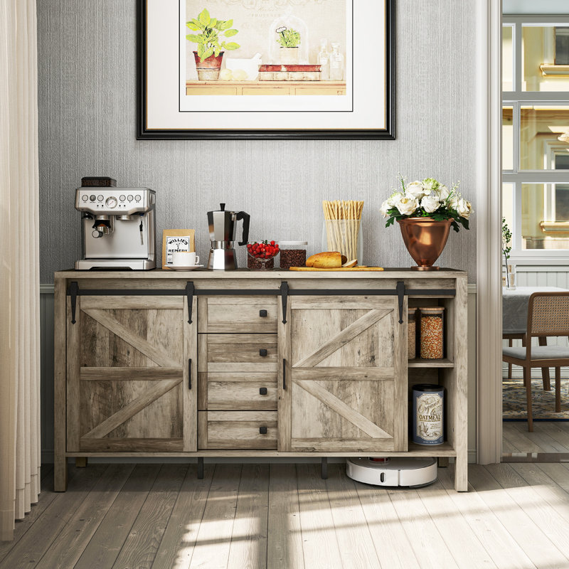 59 Inch Farmhouse Sideboard Buffet Cabinet with Thick Top, Coffee Bar Cabinet with 2 Sliding Barn Doors, 4 Drawers and 2 Adjustable Shelves for Kitchen,wood