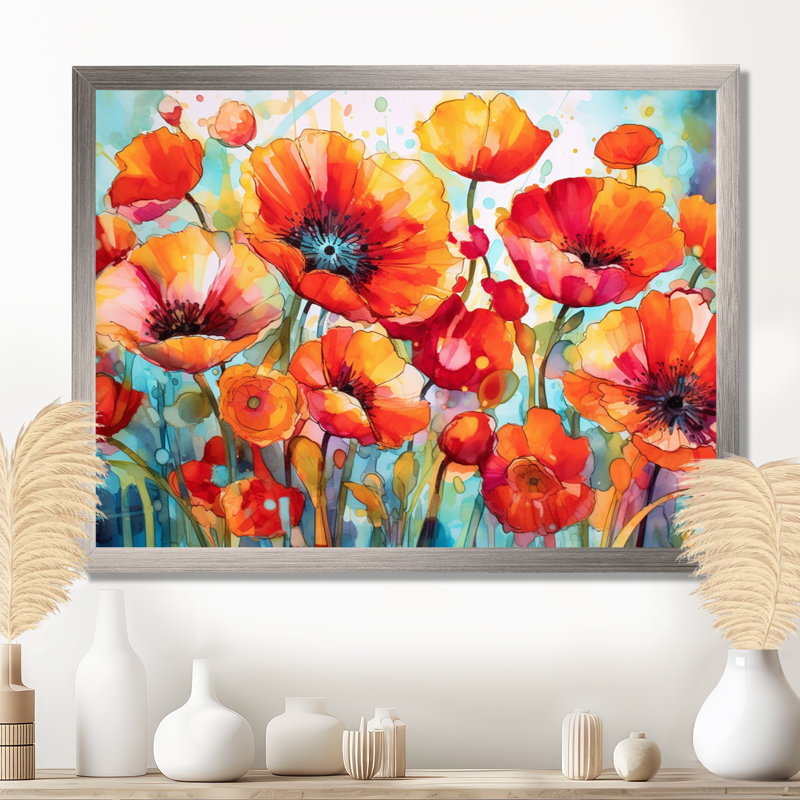Brilliant Poppies V - Art mural floral, Cadre simple argenté, H 12 po x l 20 po x P 1 po