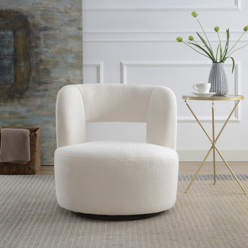 Fauteuil demi-tonneau pivotant en tissu Teddy avec coussin moelleux, Crème, crème