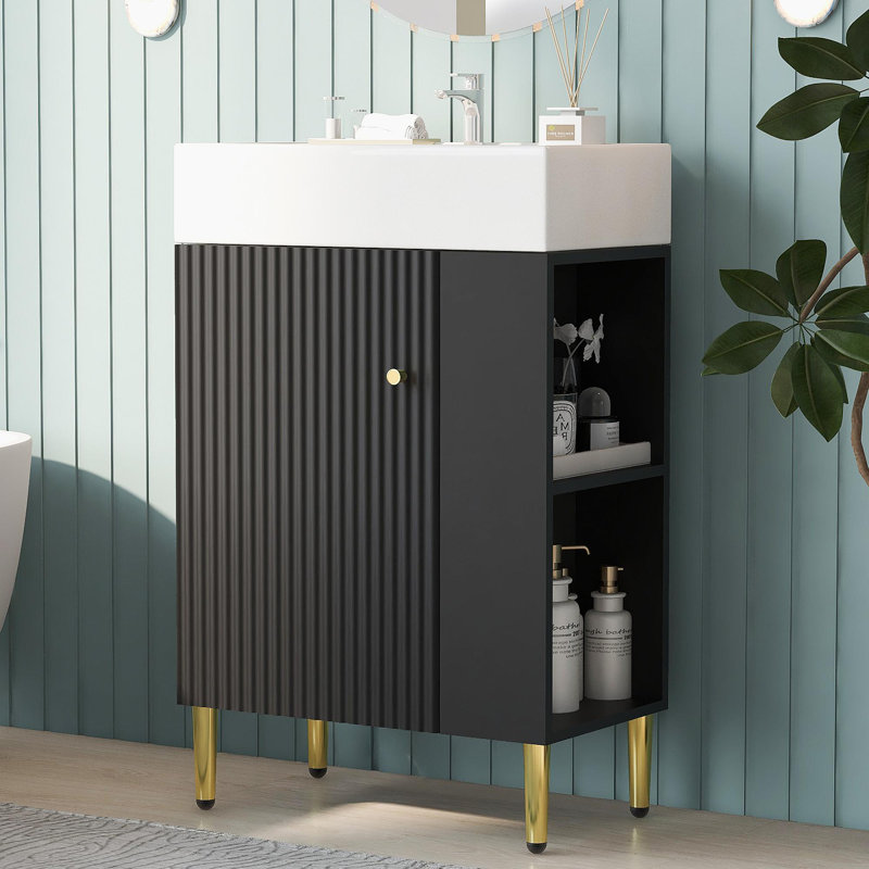 Meuble-lavabo noir 21,6 po, armoire combinée, meuble de rangement pour salle de bain, lavabo simple en céramique, rangement à droite