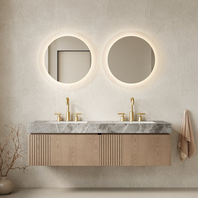 Meuble-lavabo 60 po Muri, lavabo flottant avec 2 tiroirs et portes, comptoir en pierre frittée gris clair et 2 lavabos en céramique avec 3 trous de robinet pré-percés, pré-assemblé, couleur grain de bois Heidelberg