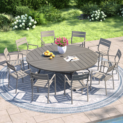 10-Person Patio Dining Set with 63" Extra Large Round Dining Table and 10 Stackable Metal Dining Chairs