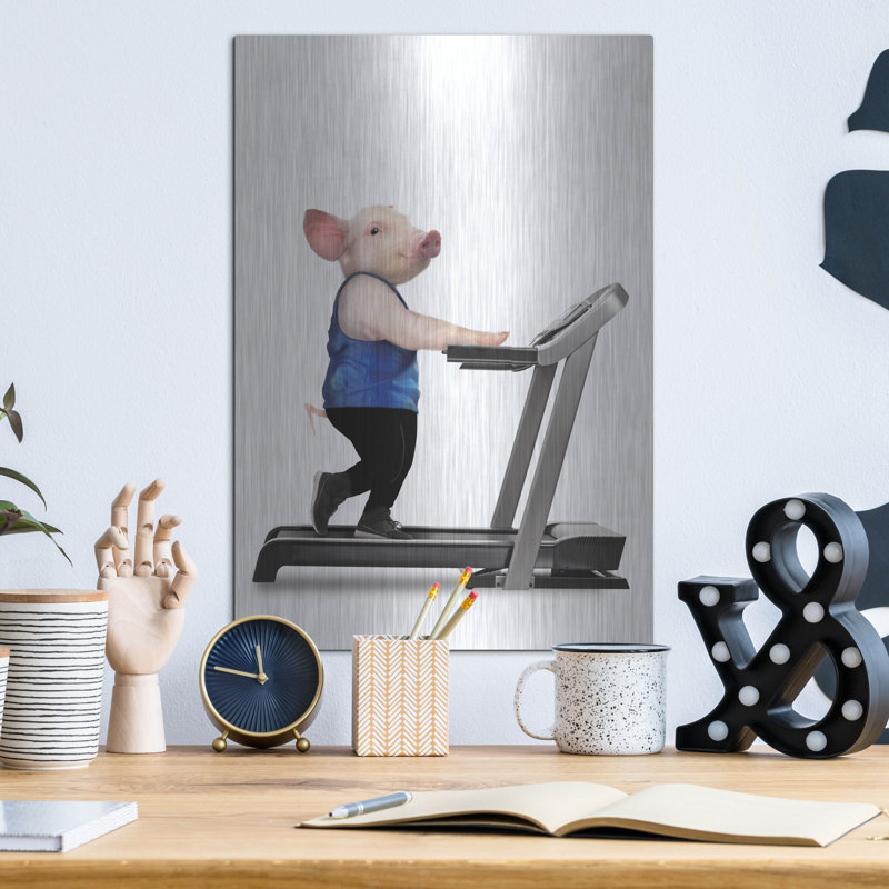  «Cochon sur tapis roulant» par John Hovenstine, art mural en métal, 12 po x 16 po, H 16 po x l 12 po