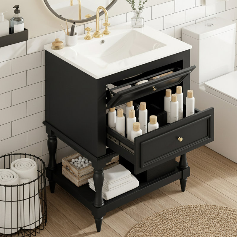 Meuble-lavabo avec lavabo et tiroirs en céramique, Black