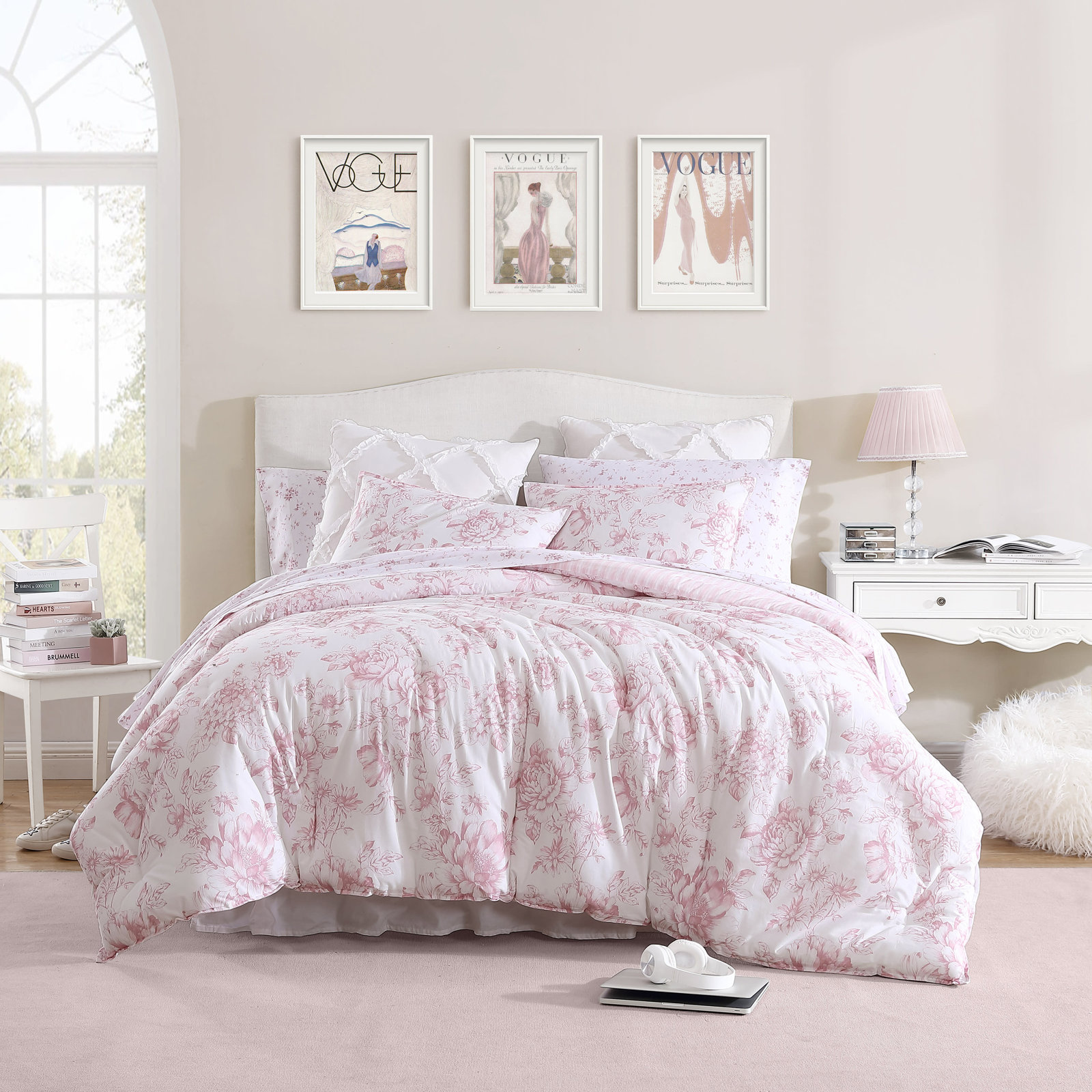 Laura Ashley Delphine Pink Floral Cotton Reversible Comforter Set, Queen Comforter + 2 Standard Shams