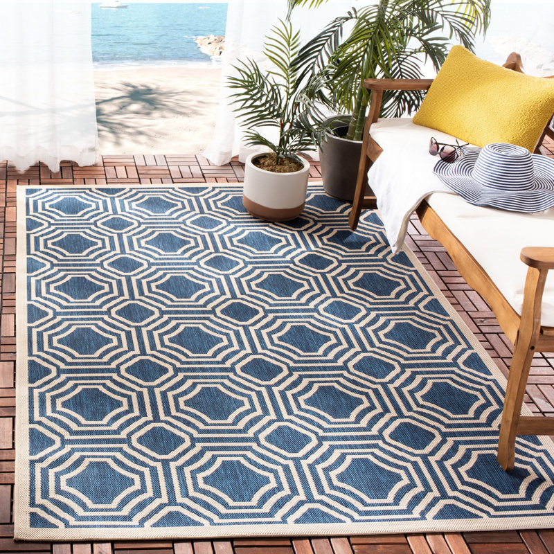Tapis intérieur / extérieur bleu marine / beige Arneshia, Rectangle 6 pi 7 po x 9 pi 6 po