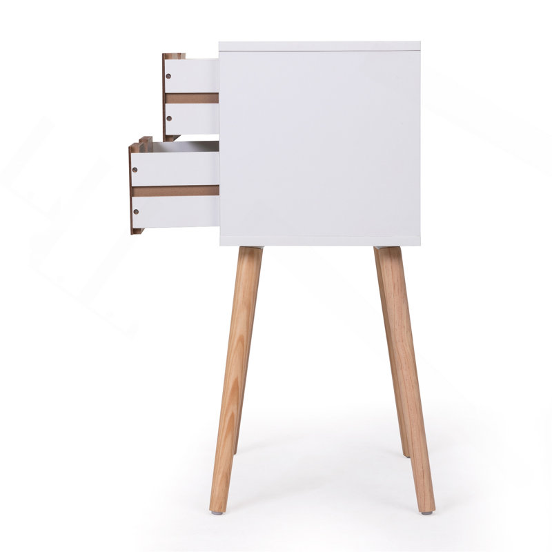 Table de chevet moderne, table de chevet, 2 tiroirs, base en bois massif, 2 pieds, surface, meubles, Blanc/noyer