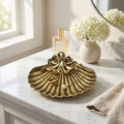Coastal Shell Shape Resin Decorative Accent Tray For Dining And Coffee Table - Centerpiece Display And Entryway Organizer For Home Decor - Gold