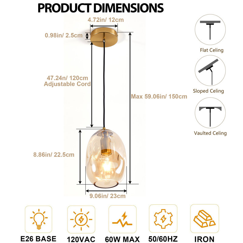 Suspension en verre ambré, luminaire suspendu moderne en verre doré en forme de larme avec cordon réglable, culot E26, pour îlot de cuisine, salle à manger, entrée.