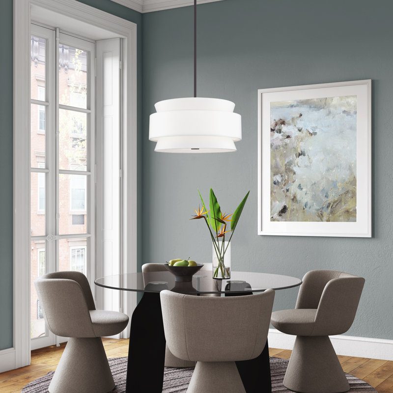 5 Light Bronze Pendant Chandelier With Hand Crafted Off-White Fabric Hardback Shades, Bronze