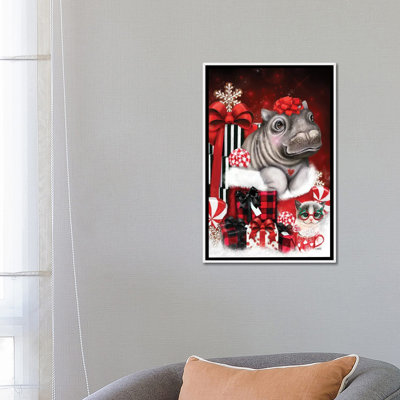 «Cute Hippo Christmas Surprise», reproduction d'art sur toile tendue