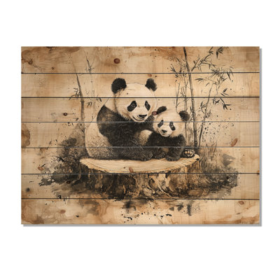 «Vintage Panda Family in The Forest I», art mural animal sur bois de pin naturel