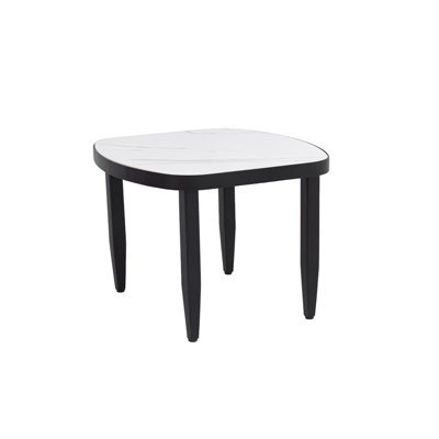 Modern Outdoor Elegance Arc Side Table With Greek White Marble-Inspired Sintered Stone Top, Aluminum Frame, Post Tapered Legs & Rounded Corners, Weatherproof & Rust-Free