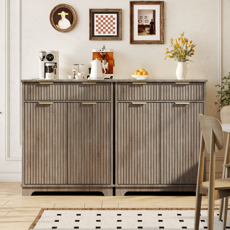 Buffet cannelé, armoire à 2 tiroirs et 2 portes, armoire de rangement à tablettes réglables pour la cuisine, la salle à manger, le vestibule et le salon (2 pièces)