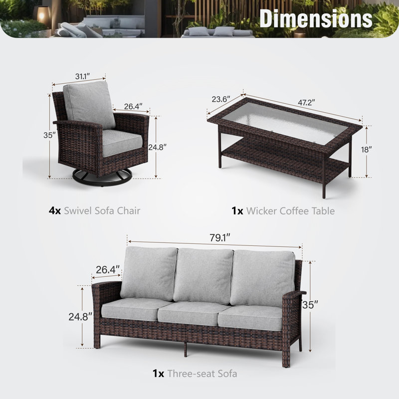 Nadilee Premium All-Weather Wicker 7 - Person Patio Conversation Set with Cushions, Light Gray