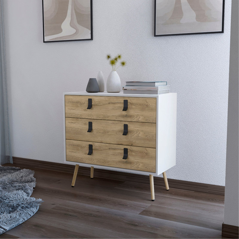 Commode 3 tiroirs blanche et macadamia