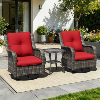 Ensemble de chaises berçantes pivotantes en osier 3 pièces avec coussins