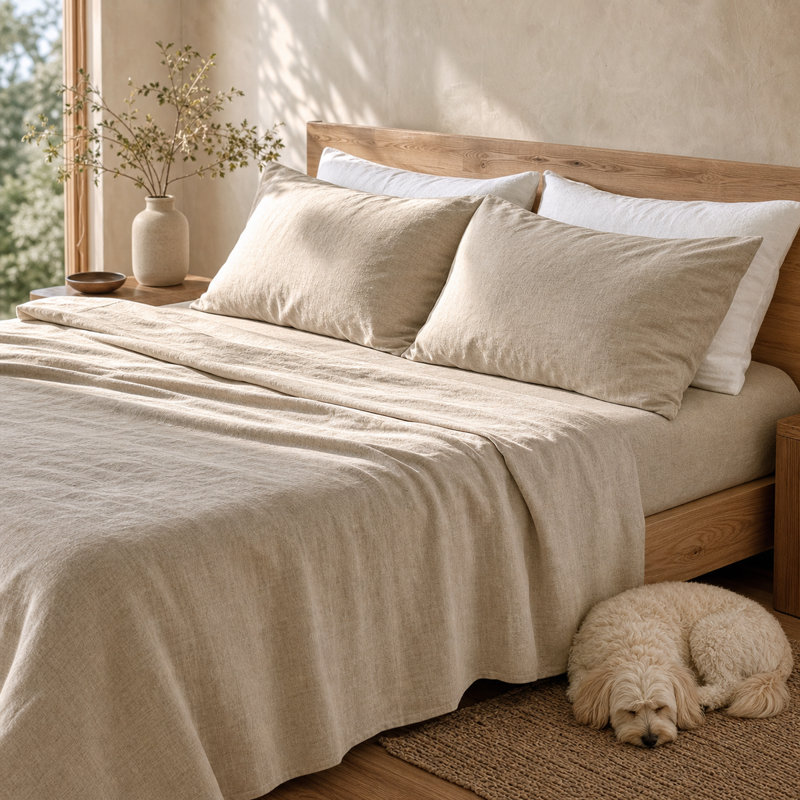 Ensemble de draps 100% lin français 4 pièces, Beige, Ensemble de draps pour grand lit avec 2 taies d'or