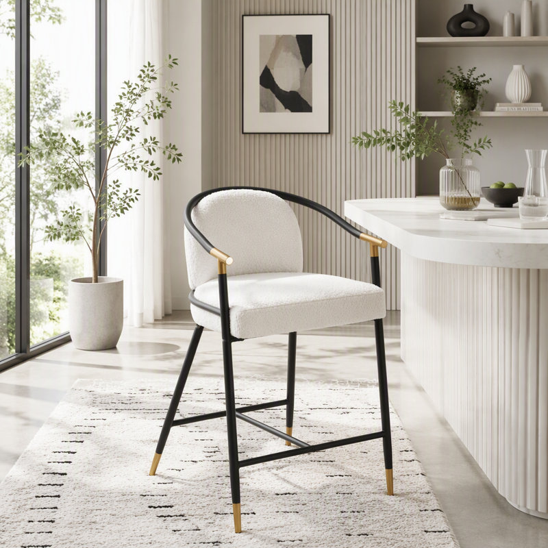 Tabouret de comptoir rembourré H 26 po avec structure en métal, Beige, noir, or