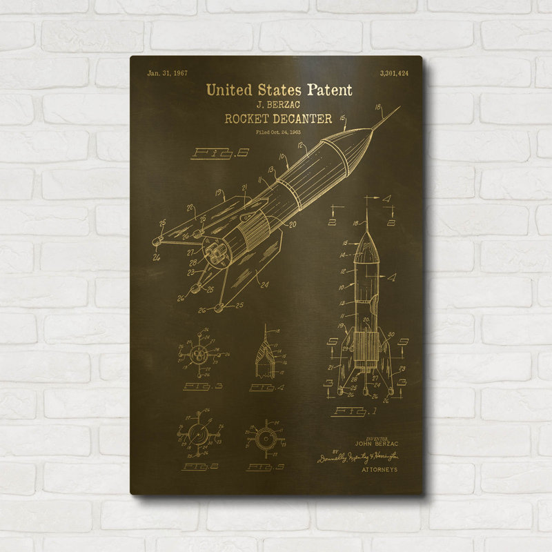 «Rocket Ship Blueprint Vernis Chalkboard» par LUXE, art mural en métal doré, 24 po x 36 po, 24 po x 36 po