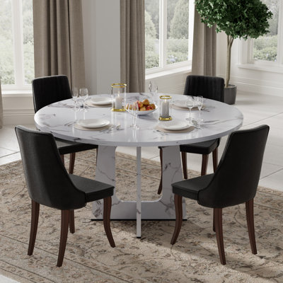 Round Modern Farmhouse Wooden Dining Set with Linen Upholstery Dining Chair Set for Dining Room