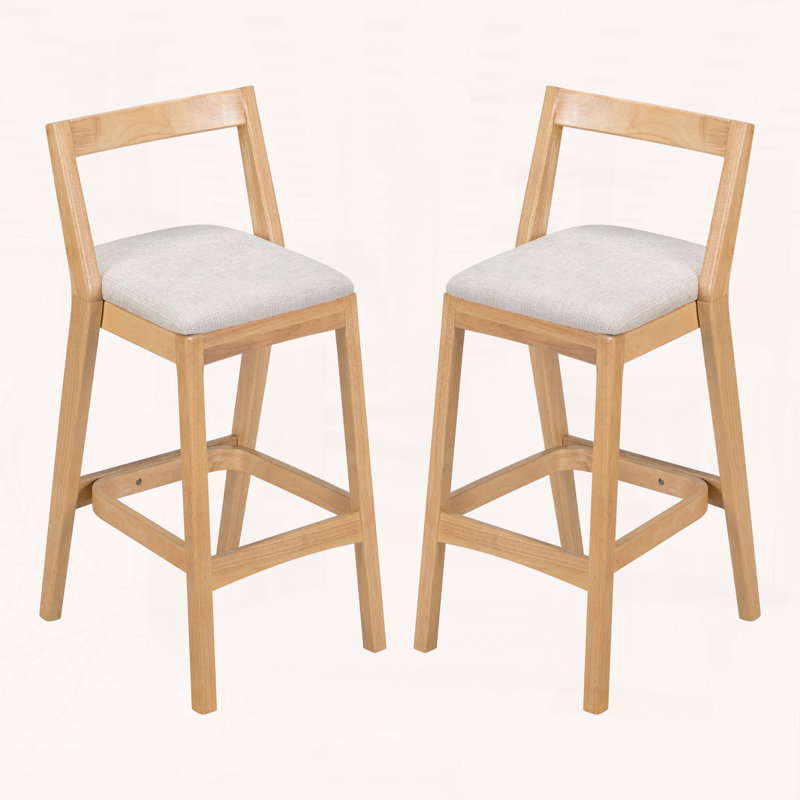 Tabouret de bar d'intérieur en bois d'hévéa avec finition naturelle et revêtement beige, ensemble de 2