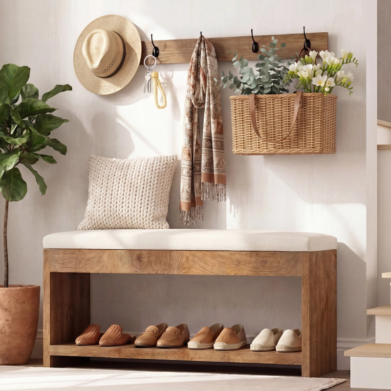 Banc de rangement pour chaussures en bois 55,1 pouces avec siège rembourré et tablette de rangement pour chaussures