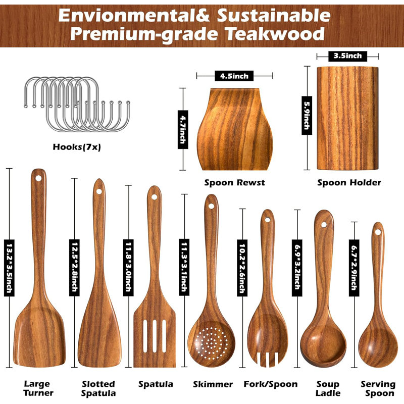 Ensemble d'ustensiles de cuisine en teck naturel avec porte-cuillères 10 pièces
