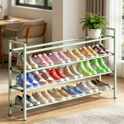 4-Tier Expandable Shoe Rack for Closet, Adjustable 18 to 44 Inch Long Shoe Organizer, Holds 20-24 Pairs, Sturdy Metal Shelving Storage for Entryway, Hallway, Bedroom, Green