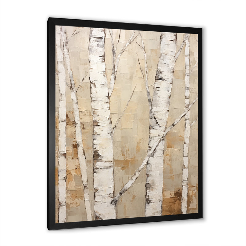 Beige minimalisme arbre bouleau IV sur toile, Cadre simple noir, H 44 po x l 34 po x P 1,5 po