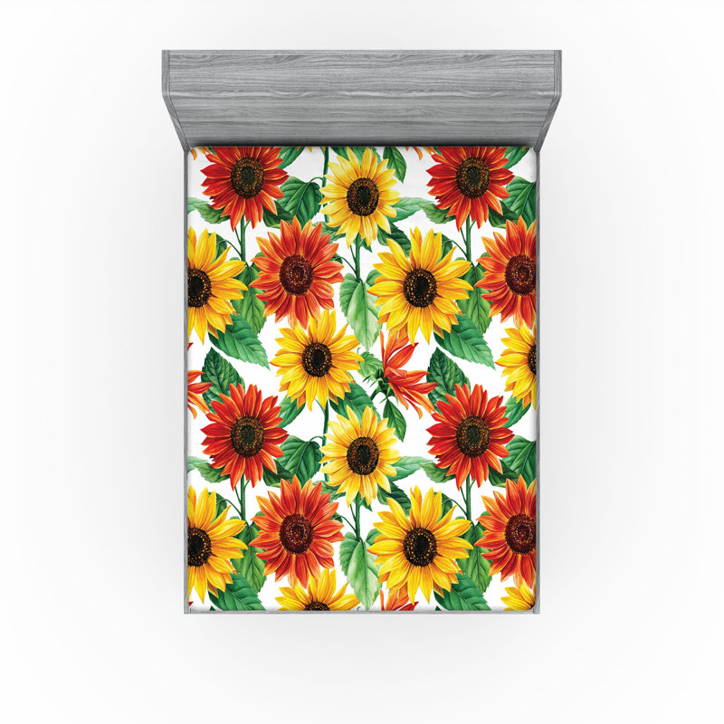 Drap-housse à motif floral Ambesonne, Écarlate, moutarde, vert / floral, Drap-housse très grand californien