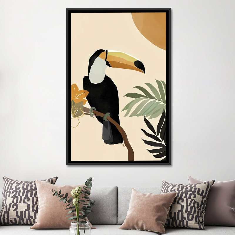 Impression d’art graphique, "Toucan" par Brie Nicole, Pas de tapis, H 60 po x l 40po x P 1,5 po, Toile avec cadre noir