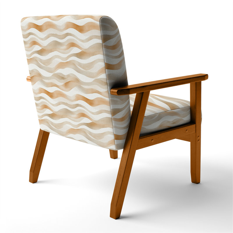Chaise rembourrée rayée beige et orange, Accoudoirs carrés bruns