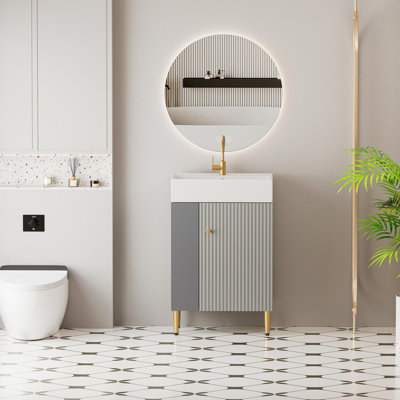 Meuble-lavabo de salle de bain avec ouverture de porte à droite et tablette ouverte à gauche