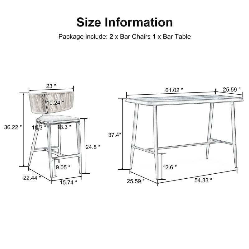 Ensemble de salle à manger rectangulaire de style bar en alliage d'aluminium avec lumière 59 po