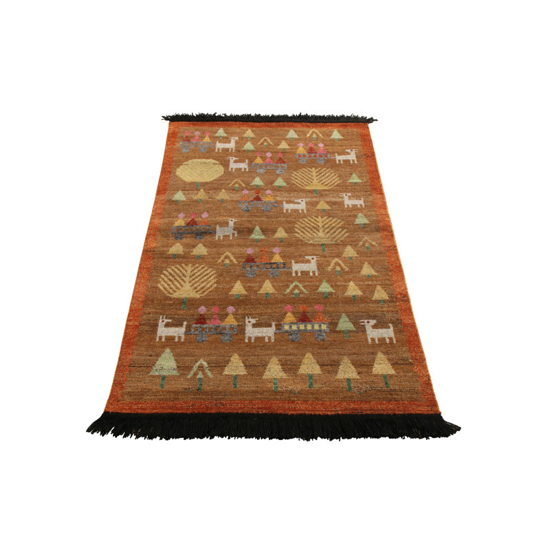 Rug & Kilim’S Scandinavian Folk Art Rug In Brown With Pictorial Pattern, Runner 3' x 14'
