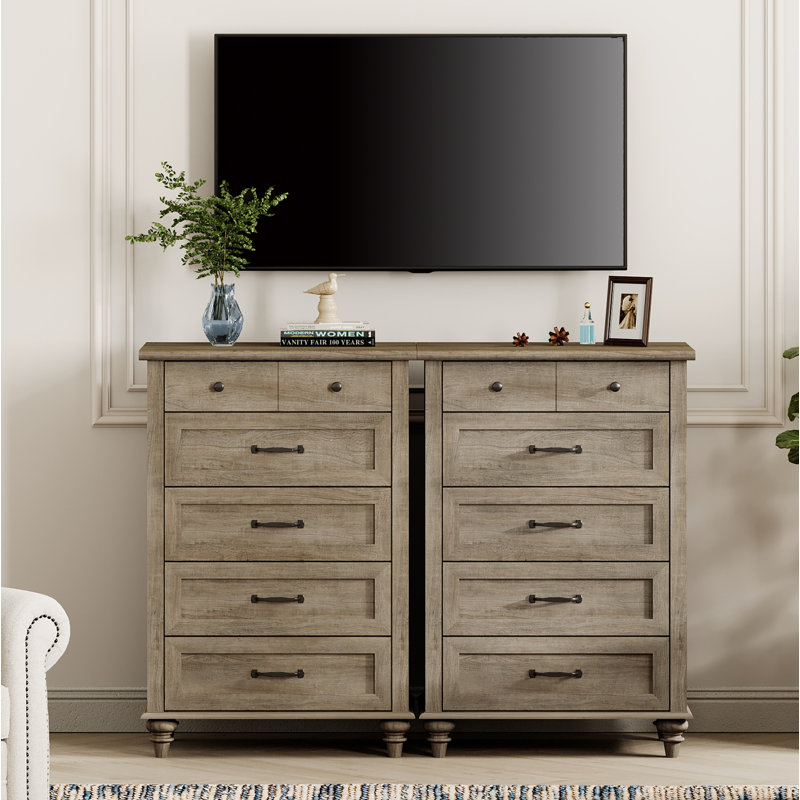 Commode double en bois manufacturé et solide à 10 tiroirs l 53,6 po Ciccarelli, Gris